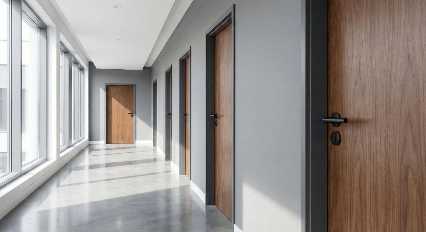 Modern commercial corridor with architectural wood doors